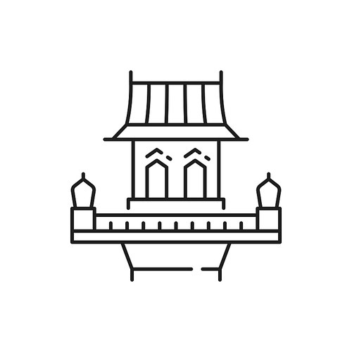 Retro Thailand building isolated old street house with balcony, thin line icon. Vector oriental landmark, asian structure, Thai, Vietnam or China architecture. Asian facade exterior of pavilion pagoda