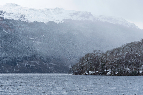 Beautiful Winter landscape image of snow covered trees on shores of Loch Lomond with Ben Lomond mountain looming in background