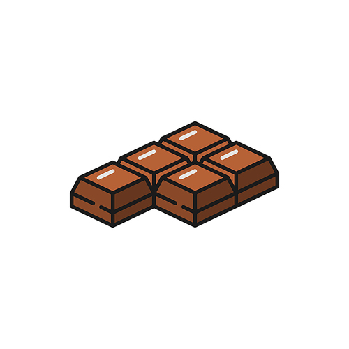 Choco bar isolated piece of Switzerland chocolate flat line icon. Vector milk chocolate square bar yummy nutrition eating. Candy piece of choco, sweet dessert, blocks of cocoa confectionery food snack