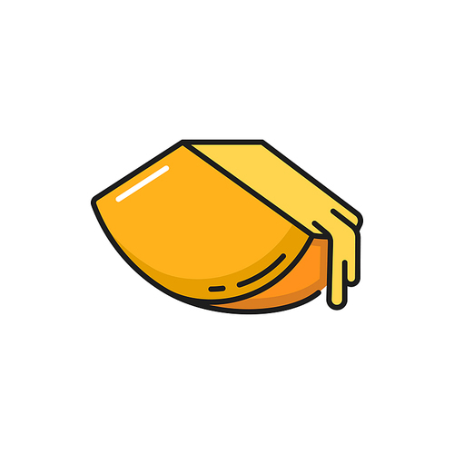 Melted cheese isolated sliced triangle and creamy cheddar flat line icon. Vector gourmet delicious milk food product, healthy cheesy snack, fondue stretching drops. Switzerland culinary appetizer
