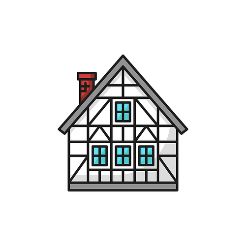Mountain chalet Switzerland traditional building isolated flat line icon. Vector Swiss half-timbered cottage, family summer house. Wooden hut dwelling for booking, sale or rent, country home