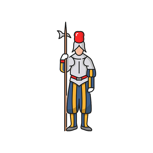 Switzerland warrior Swiss guard of vatican isolated icon. Vector feudal soldier in helmet, medieval knight in costume with axe. Warrior with viking military iron halberd, voulge glaive harpoon tool