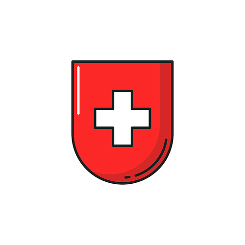 Shield with Swiss flag or cross, healthcare emblem isolated. Vector healthcare medicine cross, medical help and assistance badge, official flag. Switzerland national symbol, protection and security