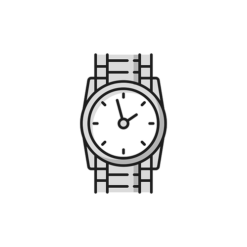 Wrist watch elegant men Swiss clock isolated flat line icon. Vector watch on metal shape silver or platinum strap belt, face with arrows, pointers or hands, ornate clock, elegant man accessory