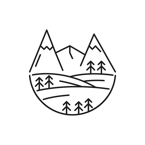 Mountain landscape linear icon isolated. Vector thin line sign of nature, high mount ice peak simple symbol. Sky route with fir-trees, Swiss Switzerland Alps scenery. Snow mountains of Austria