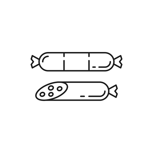 Frankfurter sausage isolated thin line icon. Vector barbeque food, pork with ham, beef or lamb. Whole bratwurst sausage from chicken or turkey, Swiss traditional food. Smoked cooked meat product