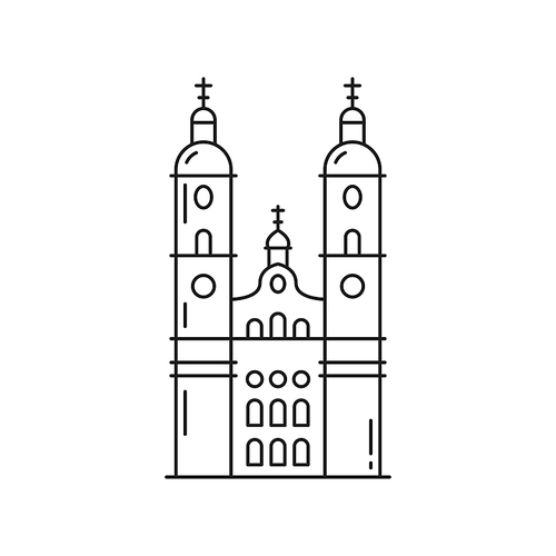 St. Gallen Cathedral landmark of Switzerland isolated thin line icon. Vector Grossmunster Church in Zurich old town, religion building. Swiss national symbol, medieval architecture, tourist attraction