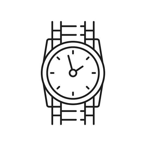 Swiss watch with silver or golden bracelet isolated thin line icon. Vector clock time measurement device. Face with arrows, pointers or hands, ornate watch on metal strap belt. Elegant man accessory