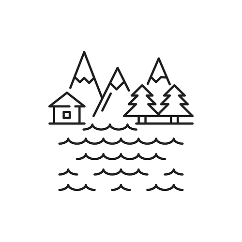 Mountain landscape linear icon isolated. Vector thin line sign of nature, high mount ice peak, rural country house and river. Fir-trees, Swiss Switzerland Alps scenery. Snow mountains of Austria