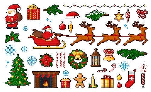8 bit Christmas and New Year pixel icons or characters game asset. Santa, gifts and sleigh, snowflake, tree, vector Xmas bell, wreath and balls, stocking, present box, candy canes and ribbon bows