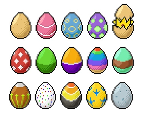 8bit pixel art happy easter eggs and chicken icons. Retro arcade game objects set, eggs and chicken hatching vector icons with cubic pixels, colorful lines, dots and ornaments