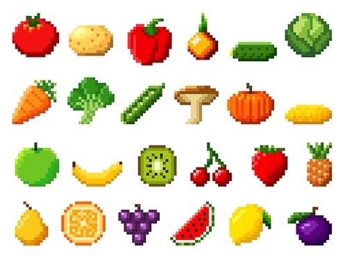 Retro pixel art food isolated icons with 8bit pixel fruits and vegetables. Vintage 8 bit console game asset, computer arcade vector items set with berries, mushroom, farm veggies and exotic fruits