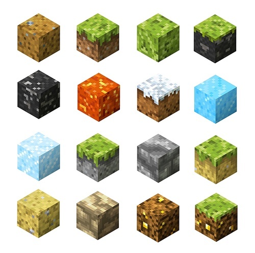 Pixel game blocks of grass, stone, ice and water, sand, lava, coal and golden ore patterns. Isometric vector craft cubes or boxes of mine resources and materials with pixelated textures, game ui