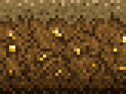 Golden ore, brown ground blocks pattern cubic pixel game background. Vintage video arcade level pixelated backdrop. Computer 8bit retro game asset vector pixel texture with gold nuggets in soil