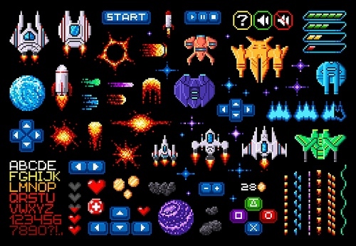 Space game asset 8bit pixel art galaxy planets, rockets, starcraft, font and pixelated game interface buttons. Vintage vector shuttles, fire, explosion, menu elements, heart, arrows, comets or meteors