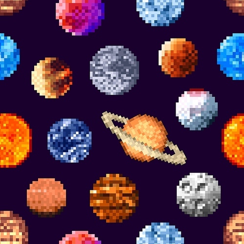 8bit pixel art space planets and stars seamless pattern, vector background of fantastic galaxy. Saturn and alien earth planets in 8 bit pixel art, asteroids and comets in galactic space pattern