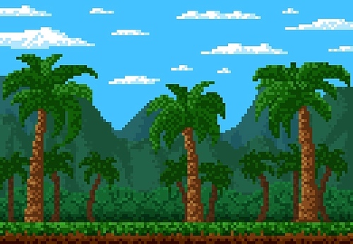 Jungle forest 8 bit pixel game level landscape with palms, vector cartoon background. 8bit pixel art or arcade video game background of rainforest palm trees, mountains of tropical island nature