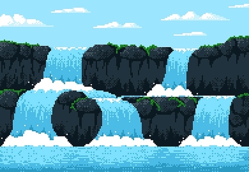 8 bit pixel game waterfall cascade landscape, video arcade vector background. 8bit pixel art water fall with splashes from mountain rock or volcano island, for game level and cartoon interface