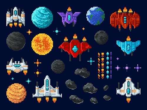 Arcade shooter 8 bit pixel art game, space invaders, alien UFO rockets, vector icons. Galaxy shooter arcade game and pixel 8bit assets of spaceships and stars, space planets and cosmic asteroids