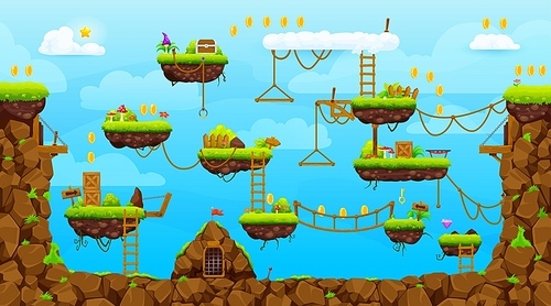 Arcade game level map intefrace. Platform, stairs, coins, bonus and quest icons. Vector landscape with floating ground islands with grass, ropes and ladders. Video game background, adventure world