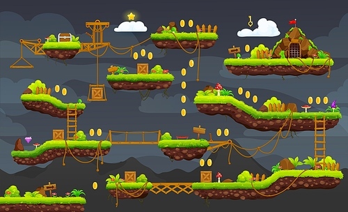 2d arcade game night level map interface. Platform, key, stairs, coins and chest icons. Classic videogame level or console arcade vector layer, retro game stage backdrop with ropes, jump platforms