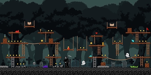 Night forest and cemetery game level screen interface. Computer game level, retro gaming app vector scene or layer. Mobile videogame landscape with jumping platform, death and ghost, golden coins