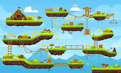 2d arcade game level map interface. Platform, key, stairs, coins and quest icons. Retro arcade environment landscape or computer game stage backdrop, mobile gaming app or console videogame screen