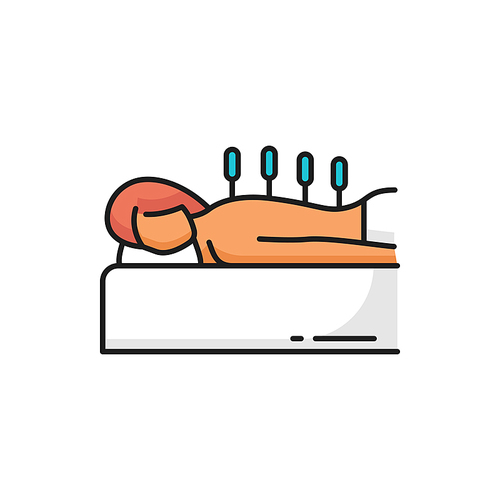 Needles in back, acupuncture integrative medicine isolated color line icon. Vector beauty and spa, medical and physical treat, mental emotional healthcare. Relaxation and rest, needles in woman back