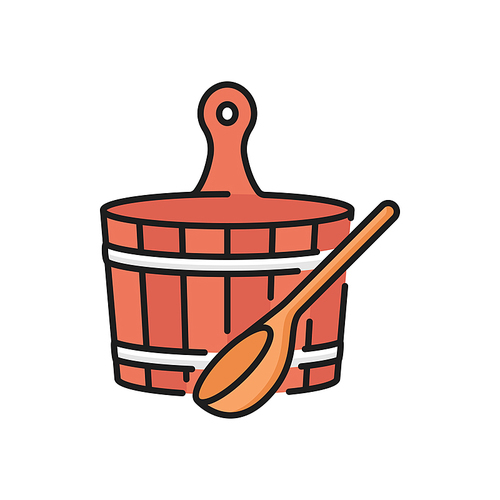 Wooden bucket and ladle, sauna bathing equipment isolated color icon. Vector traditional russian bowl and spoon, bath and shower objects. Bathing accessories, spa and beauty, relaxation and healthcare