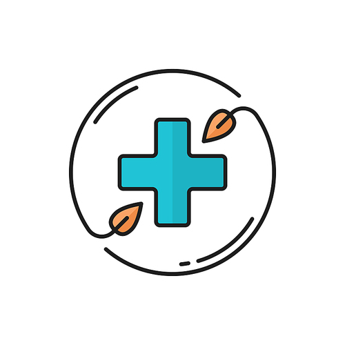 Cross in circle of herbal plants healthcare emblem isolated color line icon. Vector pharmacy hospital, medical assistance sign with leaves. Beauty and spa salon emblem, health care and massage therapy