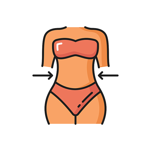 Spa massage, body lifting and weight loss icon isolated. Vector girl with sexy figure loss weight, lady in good shape, body health care treatment. Fitness, hydration and lifting, spa salon procedures