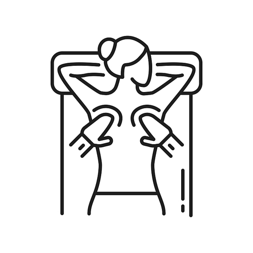 Massage isolated outline icon. Vector physiotherapist massaging womans back, chiropractic, rehabilitation. Relaxing person on bed, hands of masseur. Thailand massage, physiotherapy relaxation and spa