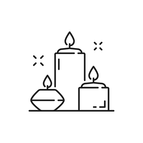 Burning aromatic scented candles isolated outline icon. Vector romantic decor element, spa, aromatherapy and massage, beauty salon, accessory for relaxing. Burning aromatic lighted candles, thin line