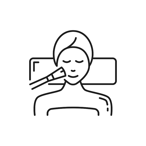 Salon procedure in spa, facial care at cosmetologist isolated outline icon. Vector beauty sexy woman, cosmetics and skin care. Applying facial cream to customer in beauty parlor, spa therapy