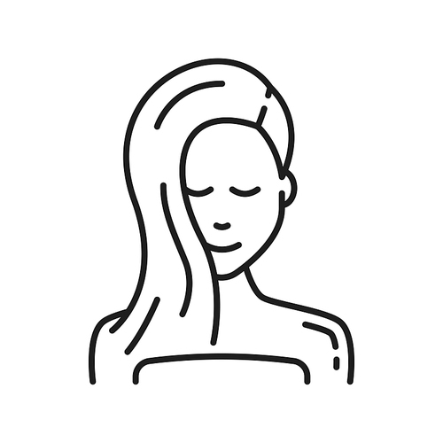 Young fashion woman with long hair isolated outline icon. Vector spa and health care, shampoo or essential oil advertising, beauty and glamour hairdresser, beautiful girl face head portrait, line art