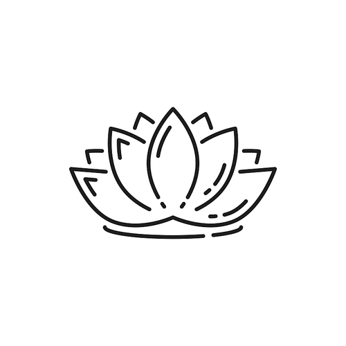 Lotus flower isolated water lily thin line icon. Vector blooming exotic waterlily, herbal cosmetics ingredient. Symbol of harmony and wellbeing, lily blossom linear sign, Thailand plant. Spa emblem