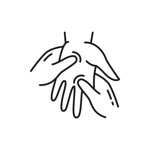 Hand massage, doctor massaging human palm isolated outline icon. Vector arthritis, reflexology and rheumatoid, medical healthcare and osteopathic therapy, doctor therapist massaging female arm