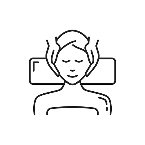 Face massage salon procedure in spa isolated outline icon. Vector facial care at cosmetologist bed. Beauty woman, cosmetics and skin care. Applying facial cream to customer in beauty parlor, therapy