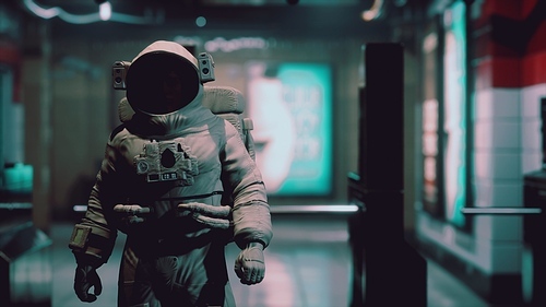 Astronaut at underground metro subway