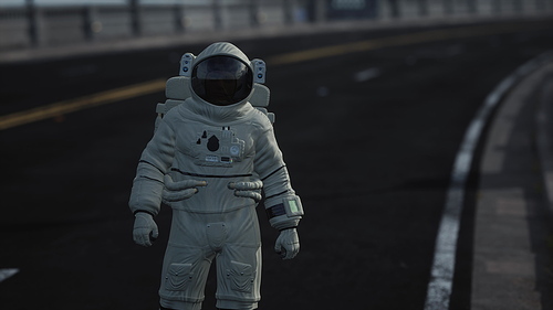 astronaut walks in the middle of a road