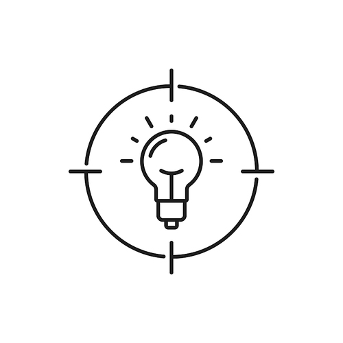 Ideas and innovation, light bulb in target board, aiming isolated outline icon. Vector focus on business score, reaching goals, perfection at job, searching for new ideas. Inspiration and accuracy