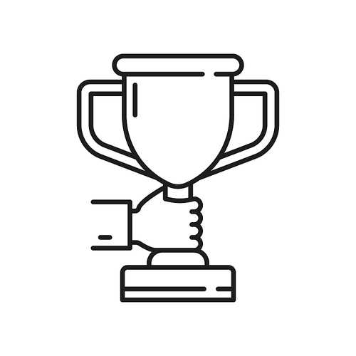 Hand holding trophy cup best prize award isolated thin line icon. Vector success in business, successful education, winners goal achievement. Leadership and inspiration, champion reward outline sign