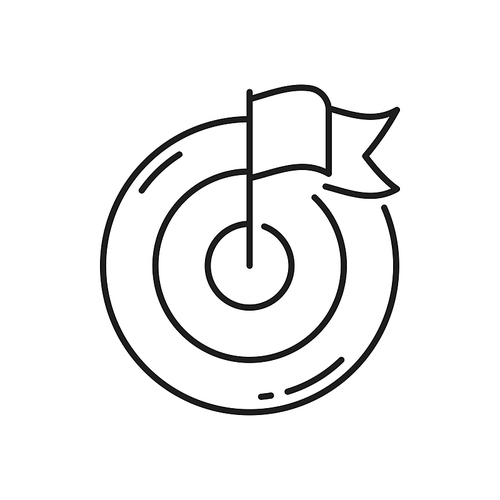 Target with flag in center, reach goal of success, achievement, leadership isolated outline icon. Vector business point of success and aim, leader targeting, victory, bullseye aiming, game complete