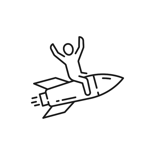 Successful happy businessman flying on rocket to goal isolated outline icon. Vector leadership, start-up, growth and opportunity business ,management. Joyful guy, innovation professional leader