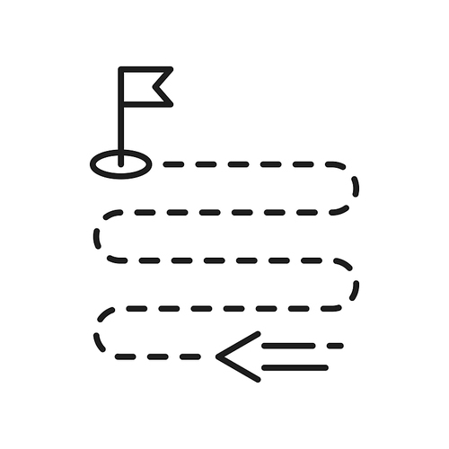 Labyrinth and flag, how to find path to goal isolated outline icon. Vector target with flag, reach goal to success, achievement and leadership. Business point aim, leader victory, game complete