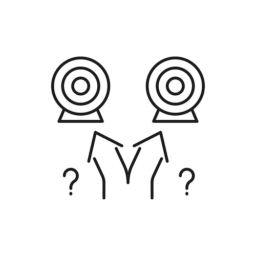 Target boards and arrows pointing in different directions, question marks isolated outline icon. Vector thinking idea and strive towards to business target, ways to leadership and aim achievement