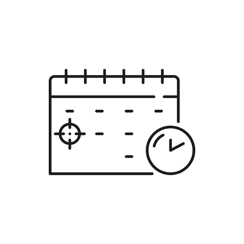 Calendar or note with to-do list and accomplished goal isolated outline icon. Vector target hit, goal, date planning, plan, action and check mark on paper. Business motivation, inspiration, leadership