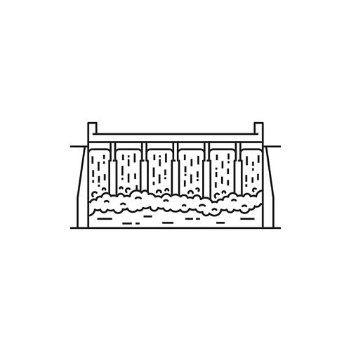 Hydropower water dam energy sources isolated thin line icon. Vector barrier stops or restricts flow of water or underground streams. Irrigation, consumption water source, waterfall construction
