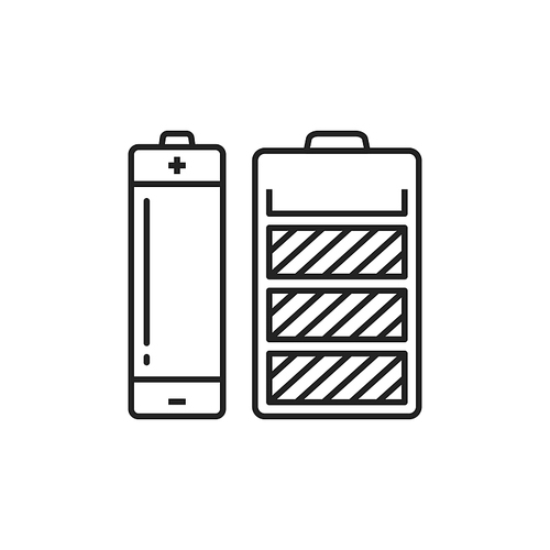 Charger sign, alkaline battery isolated thin line icon. Vector primary triple-A battery, double A, penlite Mignon AA cell with plus and minus. Energy power charger, loaded battery of mobile phone