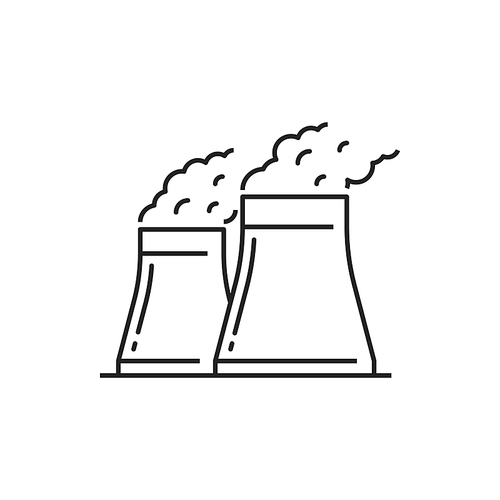 Nuclear or electrical power station isolated line art icon. Vector industrial towers with radiation and smoke, outline thermal generators, exhaust pipes. Factory plant with reactors generating energy